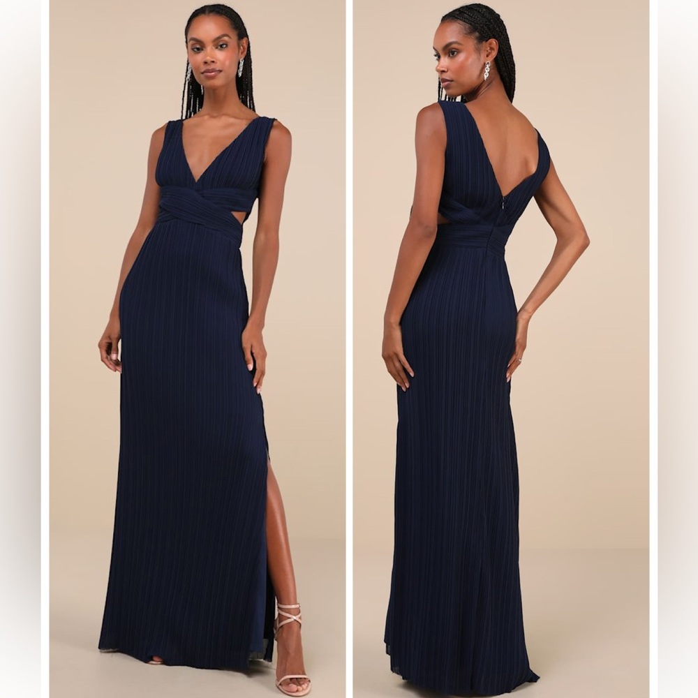 Lulus Compelling Poise Navy Blue Plisse Cutout Sleeveless Maxi Dress Size Medium